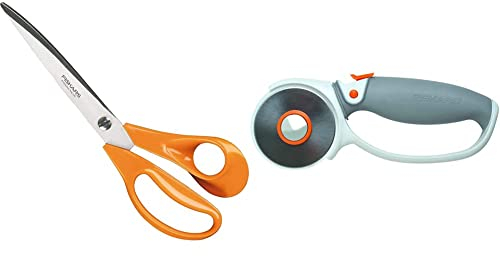 Fiskars Ciseaux professionnels pour tissu, Longueur totale: 25 cm, Pour droitiers, Lames en acier inoxydable & Cutter rotatif à Poignée Softgrip, Revêtement en titane, Ø 60 mm, Orange/Blanc/Gris