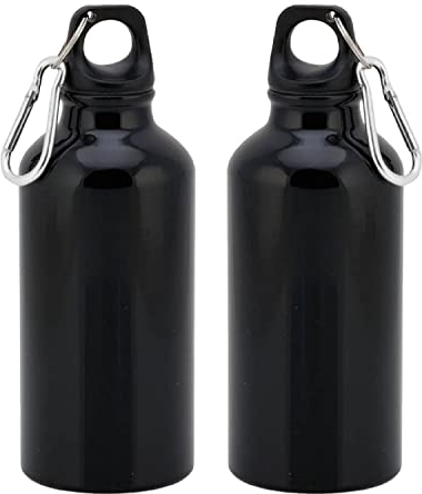 TIENDA EURASIA® Pack de 2 Botellas de Agua en Aluminio de 400 ml, con Tapón de Seguridad y Mosqueton Metalico de Transporte, Cantimplora para Camping, Gimnasio, Trabajo, Color Negro