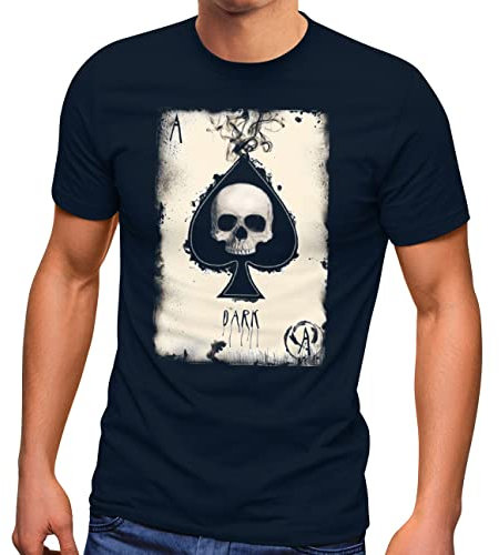 Neverless® Herren T-Shirt Bedruckt Totenkopf Skull Spielkarte Pik Ass Kartenspiel Printshirt Fashion Streetstyle Navy XL