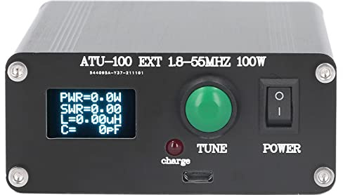 XJCX ATU-100 Tuner d'antenne automatique 1,8-50 MHz, petit accordeur d'antenne à ondes courtes ouvertes de 100 W, testeur d'antenne en alliage d'aluminium OLED de 2,4 cm avec boîtier en métal