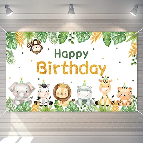 Geburtstag Deko Hintergrund 180 x 110 cm Happy Birthday deko Banner Grün Süße Dschungel Safari Tiere Geburtstagsbanner für Junge.