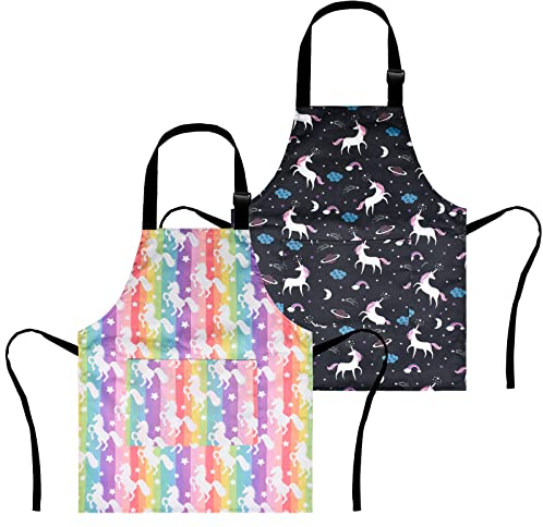 XonyiCos 2er-Pack Kinder Jungen Dinosaurier Schürzen, Mädchen Einhorn Schürze zum Kochen Malen Chef Cartoon Schürze für Kinder 3-12 Jahre (Glücklich Einhörner, 6-12 Jahre)