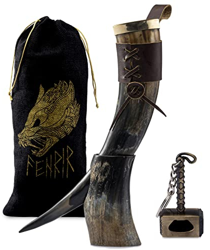 FENRIR Cuerno vikingo para beber con soporte, abridor de botellas Thor, auténtico cuerno de buey medieval nórdico para cerveza, aguamiel, whisky, bocina de vaso fuerte, regalos únicos para hombres, 16