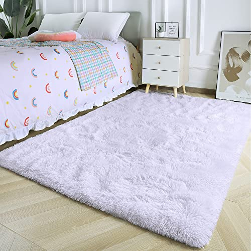 MARATIP Teppich Schlafzimmer 160x230 cm Weiß Hochflor-TeppicheWohnzimmer rutschfest Waschbarer Deko Langflor Teppiche Kinderzimmer