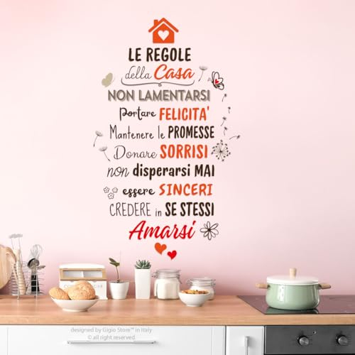 Gigio Store adesivi murali frasi famiglia “Le Regole della Casa” - decorazione fai da te Soggiorno, Cucina, camera da letto (70 x 43 cm) kit con farfalle, fiori, cuori, tarassaco, dente di leone