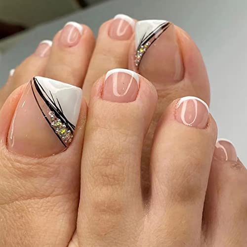 JUSTUSNX 24pcs Square Nude French Fake Toenails White Edged Nude False Toenails Black Line Rhinestone Press on Toenails for Women and Girls (A)
