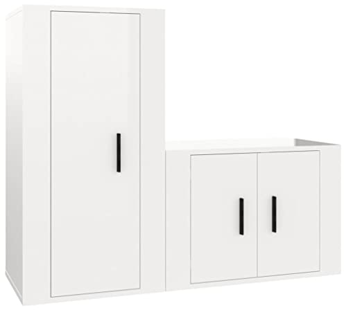 vidaXL TV Schrank Set 2-TLG., Wohnwand Wohnzimmer, Schrankwand Anbauwand mit Stauraum, Lowboard Fernsehtisch Wandmontage, Hochglanz-Weiß Holzwerkstoff