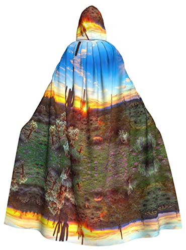 MOLIAE Kaktus Desert Sonnenuntergang bedruckt Unisex Erwachsene Lang Kapuzenumhang Umhang für Halloween Karneval Cosplay Kostüme Hexenkostüm