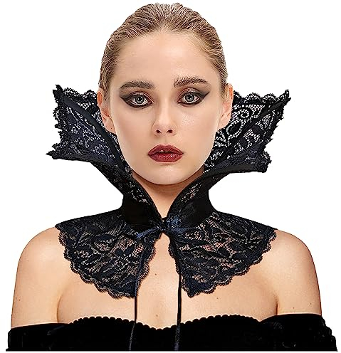 keland Damen Gothic Lolita Halskrause Kragen Renaissance Krause Rüschenkragen Hals Wrap Viktorianische Accessoires (Schwarz-002)