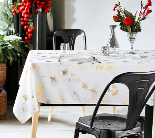 Nappe de Noël Rectangulaire Brillante Dorée - Nappe de Table Anti-tâches et Lavable, Décoration de Fêtes, 8 à 10 Couverts, Noël, Table de Repas, Festive (Bloomy Blanc Or, 240x150 cm)