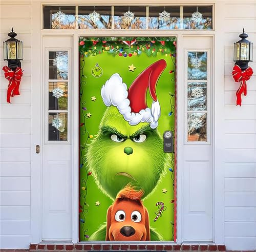 REGAPOG Weihnachten Tür Abdeckung Dekoration Weihnachtsmann Grinch Elfen Hängen Banner Weihnachten Tür Hängen Banner Hintergrund für Weihnachten Wand Deko (91cm x 203cm, D)