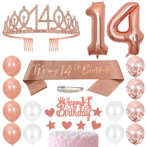 14. Geburtstags Krone Schärpe Mädchen Kristall Queen Tiara Princess Crown 14 Jahre Geburtstag Tortendeko Helium Foil Ballons Roségold Luftballon Zahl 14 Geburtstagsdeko für Mädchen Party Dekorations