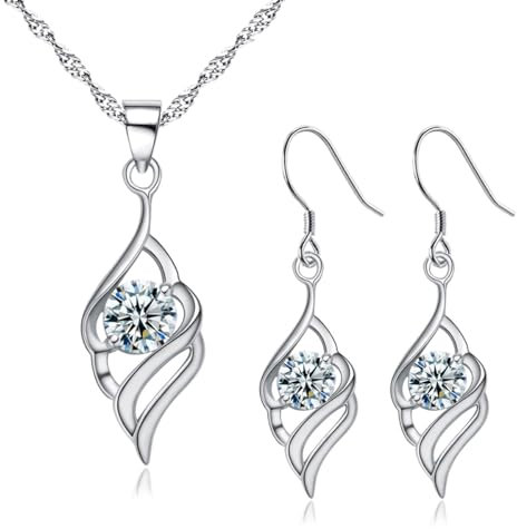 Deyanse Silver Jewellery Set for Women, 925 Sterling Silver Angel Wing Jewellery Set, Silver Drop Dangle Hook Earrings & Necklace Pendant Set, Jewellery for Wife Girlfriend for Christmas Birthday