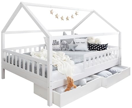 TiCAA Kinderbett Hausbett Kay 140x200 inkl. Schubkästen Kiefer weiß