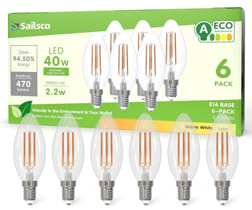 sailsco Classe A Lampadine LED E14,2.2W Equivalente a 40W Incandescenza,470 Lumen,2700K Bianco Caldo,Risparmio Energetico C37 LED,Lunga Durata,Basso Consumo,Non Dimmerabile,6 Pezzi