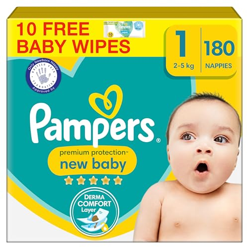Pampers Premium Protection New Baby Size 1, 180 Nappies, 2kg-5kg, Monthly Pack + Pampers Harmonie Aqua Baby Wipes 1 pack of 10 Wipes