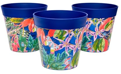 Hum Flowerpots, Juego de 3 macetas de plástico para Interiores y Exteriores, 15 cm, diseño de Hojas Azules