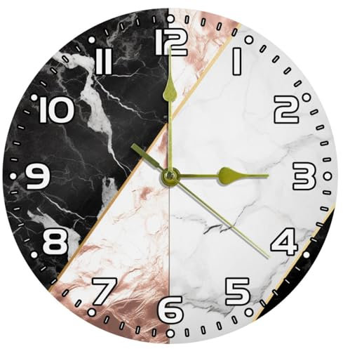VTGHDEEQ Orologio da parete,orologi moderni a batteria,Marmo bianco nero oro rosa,Orologio silenzioso rotondo 9.85 in