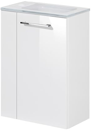 FACKELMANN SCENO Gäste-WC Set 2 Teile – Waschtischunterschrank in Weiß mit Waschbecken aus Glas in Weiß – SBC Waschbeckenunterschrank schmal – Türanschlag Links – 45 cm breit