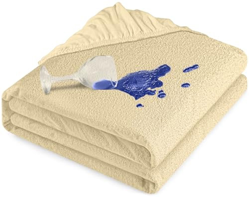Utopia Bedding Matratzenschoner 140 x 200 x 30 cm beige Wasserdicht, Viskose, Öko-Tex Zertifiziert, Spannbetttuch, Matratzenbezug, Atmungsaktiv, Rundum elastisch