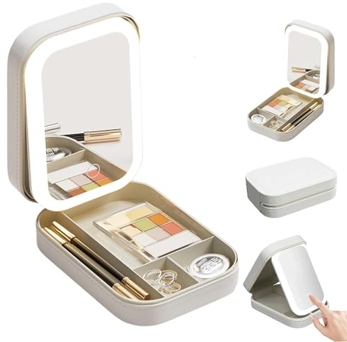 CBDYWVR LED-Make-up-Spiegel, dreifarbig, verstellbar, Reise-Make-up-Tasche mit LED-Spiegel, wiederaufladbar, tragbar, Make-up-Box mit Spiegel und Licht, Geschenk für Mädchen (Beige)