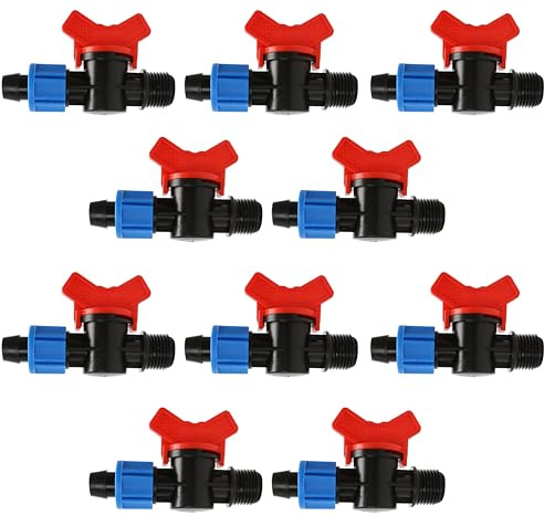 BuleVina 10 cintas de goteo Loc de 5/8 pulgadas x válvula de cierre macho de 1/2 pulgada con mango rojo, accesorios de riego por goteo para conectar cinta de goteo de 5/8 pulgadas tipo rosca Y112