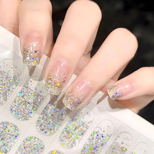 MrCuvaryas 20Stk Nagellack Aufkleber, UV Nagelfolie für Hände, Full Wraps Nagelaufkleber LED-Lampe Erforderlich Cured Gel Nail Strips mit Nagelfeile und Stick für Frauen (Silver French, 24x)