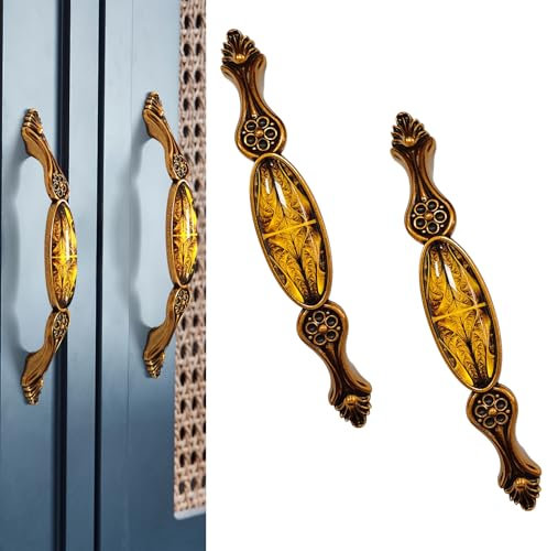 Elistonie 2 Pack Vintage Style Cabinet Handles - 128mm Hole Center Copper Zinc Alloy Cupboard Handles with Art Pattern (Red Copper)