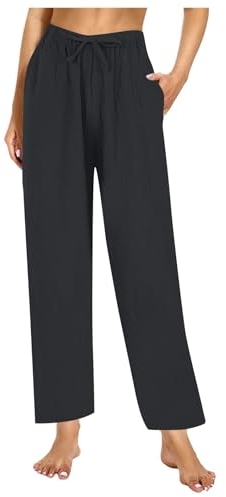 Leinenhose Damen - Sommer Musselin Hosen Leicht Stoffhose Einfarbig Freizeithose Gerade Geschnitten Hose Schlupfhose Sommerhose mit Taschen Damen Leicht Lang 001 Sa_Schwarz, M