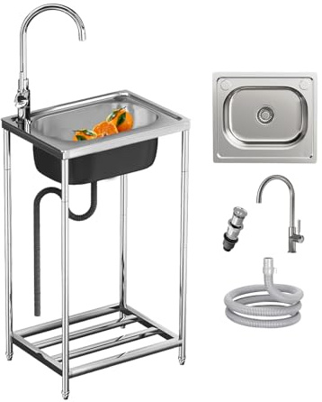 Camping spüle mit wasserhahn,1 Becken Küchenspüle,mobiles waschbecken-with Storage Shelves für Keller Waschküche Garten Camping Keller Spülbecken inkl Ablaufgarnitur [38 * 33 * 17cm]