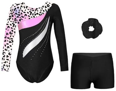 Fldy Mädchen Gymnastikanzug Langarm Bedruckte Turnbody Gymnastik Shorts Haargummi 3er Set Kinder Ballett Tanzkleidung Wettkampf Outfit Leopard 134-140