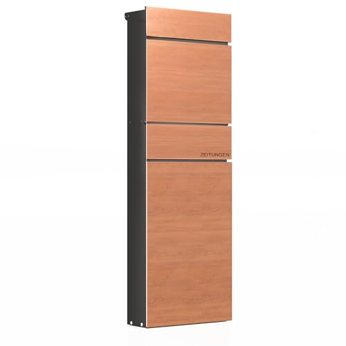Wiltec Standbriefkasten mit Zeitungsrolle in Holzoptik 39,5 x 14,1 x 115 cm aus Stahl, Briefkasten mit Zeitungsfach, Postkasten mit 2 Schlüssel