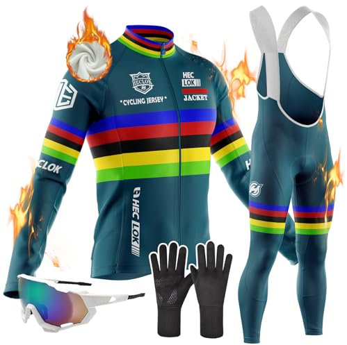 Abbigliamento Ciclismo Uomo Invernale Tuta da Ciclista Manica Lunga Completo Strada MTB Bici,con 9D Imbottiti Gel, Maglia Bicicletta Termico Vello Giacca e Pantaloni Salopette (TYP-6,XL)