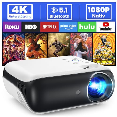 HOPVISION Beamer, Full HD 1080P, Bluetooth Beamer 4K, portátil, mini proyector de cine en casa, proyector para el hogar y exterior, compatible con smartphone/HDMI/USB/AV/Fire Stick/PS5