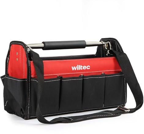 Wiltec faltbare Werkzeugtasche 40 x 19 x 25 cm bis 30 kg, Werkzeug Tasche 14 Fächer, Arbeitstasche mit Schultergurt, Transporttasche wasserresistent
