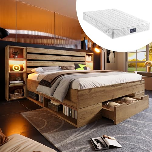 ANIROY Doppelbett Massivholzbett 160x200cm, Stauraumbett Bettanlage mit LED & USB C & Schubladen, Stauraum-Kopfteil Bettgestell aus Holz mit Lattenrost, Mit Matratze, Eiche B