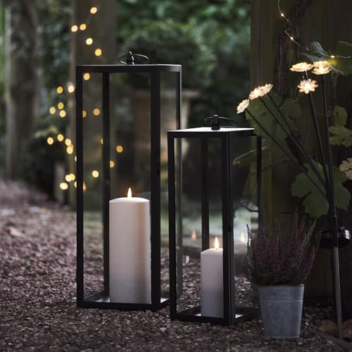 Lights4fun Set of 2 Extra Large Black Metal Battery Operated Fully Waterproof LED TruGlow® Candle Lanterns for Indoor and Outdoor Use