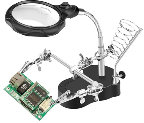 TICFOX Troisième main avec loupe pour aider, Soudage Loupe Verre auxiliaire avec lumière LED Outils de réparation de soudage de table pour les travaux de réparation