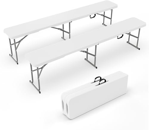 Bonnlo Banc de Jardin, Lot de 2 Bancs Pliable 180 cm, Banc Exterieur Jardin en Plastique, pour Camping, Fête, Pique-Nique, Blanc