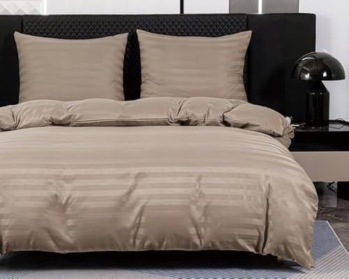 TEXTILOVE Bettwäsche 3-teilig Set 160x200 cm Beige Cappuccino Gestreift aus Damast Mikrofaser Elegant Aesthetic Hotelbettwäsche 1 Bettbezug und 2 Kissenbezüge 70x80 cm Oeko-TEX 100