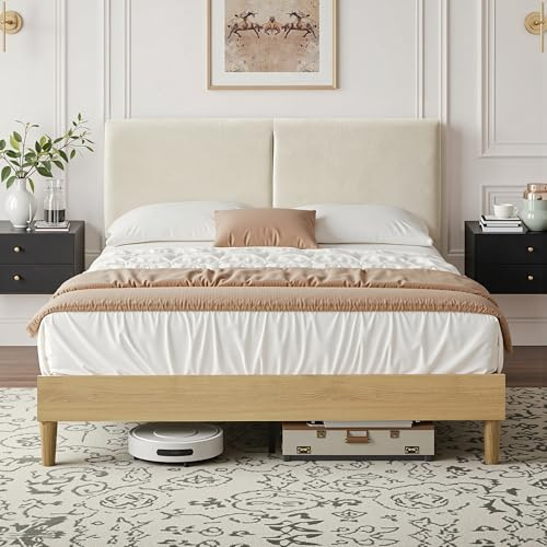 VECELO Lit Double Rembourré 140x190 cm avec Tête de Lit en Coton et Lin Réglable en Hauteur, Support à Lattes en Bois Solide, Facile à Assembler, sans Bruit, Pas Besoin de Sommier, Beige