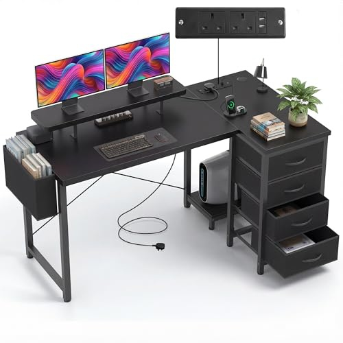Claiks L Shaped Desk with Drawers, 140x80cm Corner Computer Desk with Power Outlets & USB Ports, Home Office Desk with Storage, Monitor Shelf and PC Holder, Black