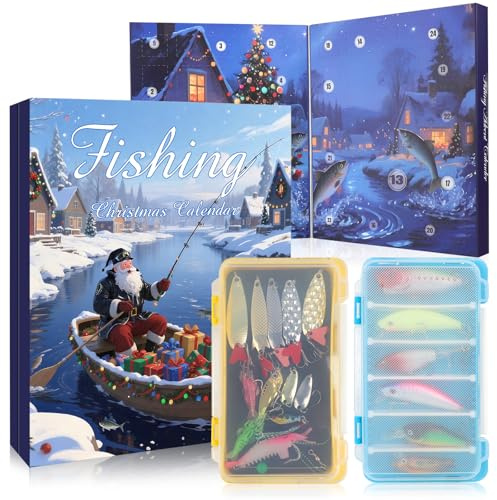 Angel Adventskalender 2025, 24 Tage Angelkalender Köder, Angel Köder Weihnachtskalender mit Köderbox, Angelzubehör Weihnachtskalender, Weihnachten Überraschung Geschenk für Fischer, Erwachsene