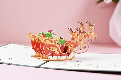 3D Weihnachtskarten mit Umschlag Nikolaus-Schlitten mit Rentieren Geschenke | Pop-Up Karte Weihnachtsgeschenke für Kinder Mama Papa Freunde Frau Mann