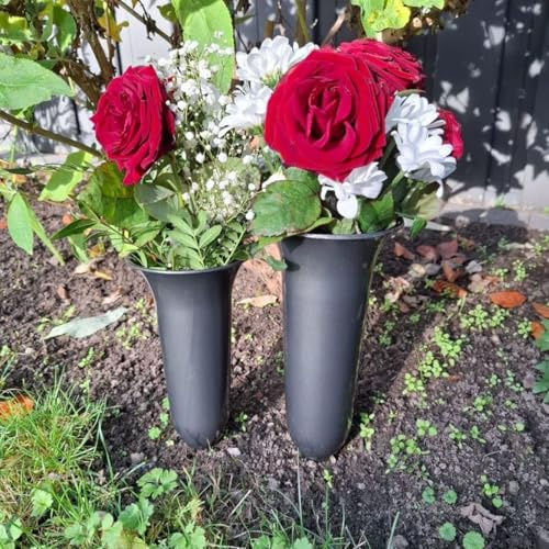 meytrade 2 Grabvasen, groß und klein in 2 Größen 26cm + 32cm mit Erdspieß, wetterfest, dunkelgrau, Moderne Grabdeko, Steckvase für Blumen wie Rosen, Tulpen oder Blumenstauß für den Friedhof