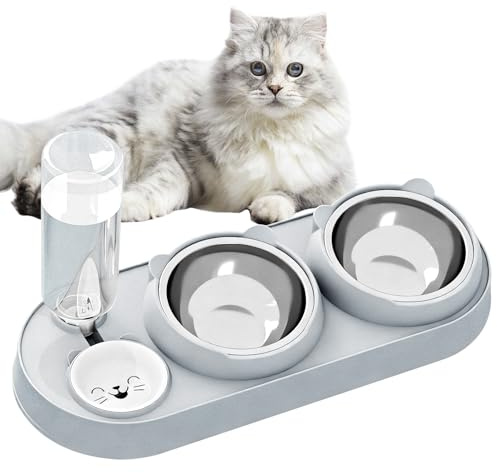 3-in-1 Katzennapf,Katze Futternapf und Wassernapf Set mit Wasserspender Edelstahl Doppel-Katzennäpfe 15° Neigbar für Katzen und Kleine Hunde Haustiere Abnehmbarer Futternapf