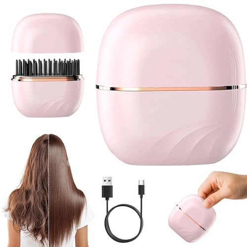 Mini-Glätteisen Kabellos, 2026 Neu Haarglätter Ohne Kabel Mit 3 Temperaturstufen, Tragbarer Taschen Haarglätter Und Volumen-Heiκκamm, Reise Glätteisen Für Glatte Haare Locken Und Bart (Rosa)