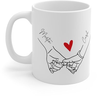 Mugy Taza Personalizada San Valentín - Regalo Pareja y Novios Original con Nombres - Manos Cogidas - Tazas para Parejas de Aniversario y Boda - 350ml