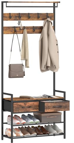 HOMCOM Garderobenständer mit Schuhbank, 10 Haken, 181,5 cm, Rustikal-Braun | Kleiderständer, Verstellbare Haken, Stoff-Schublade, Kleiderstange, Garderobe, Industrie-Design, für Flur, Schlafzimmer