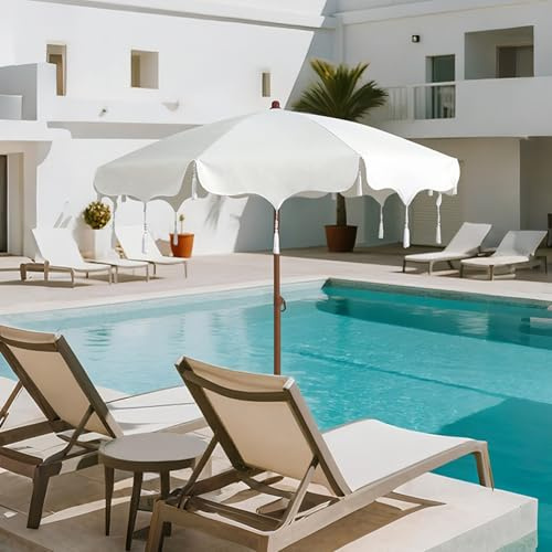 6.5-foot Beach Umbrella With Tassels, UPF50+ Sun Protection, Outdoor Bohemian Style, Button-operated Tilt, Patio Umbrella, Suitable For Beach, Patio, Pool, And Garden